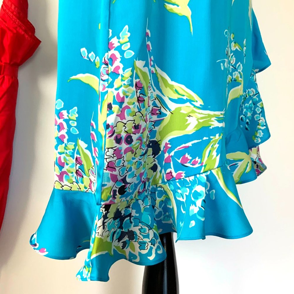 Valerie Stevens 100% Silk Blue Floral Midi Ruffle Faux Wrap Skirt Sz 8P - Picture 10 of 16